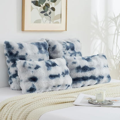FUTEI Blue White Decorative Throw Pillow Covers 24x24 Inch Set of 2,Soft Fuzzy Faux Rabbit Fur European Cushion Covers with Raised Texture,Neutral Boho Home Decor for Couch Bed Living Room