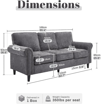 Kingfun 3 Seater Couch, Mid Century Modern Sofa with Rolled Arms and Deep Seats, Fluffy Comfort for Living Room, Apartment, Easy Assembly, Gray