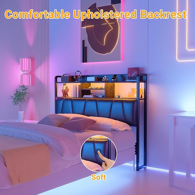 Unikito Headboard for Full Size Bed Frame, Upholstered Head Board with Outlets, USB Ports and LED Light, Comfortable Leather Headboards with Storage Shelf, Sturdy Full Bed Headboard Only, Black Oak