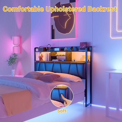 Unikito Headboard for Full Size Bed Frame, Upholstered Head Board with Outlets, USB Ports and LED Light, Comfortable Leather Headboards with Storage Shelf, Sturdy Full Bed Headboard Only, Black Oak