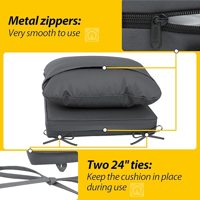 AAAAAcessories Outdoor Deep Seat Cushions, Waterproof, Fade-Resistant Patio Furniture Replacement Cushions, 25.5" x 25.5" x 5" + 25.5" x 19", Set of 2, Dark Gray