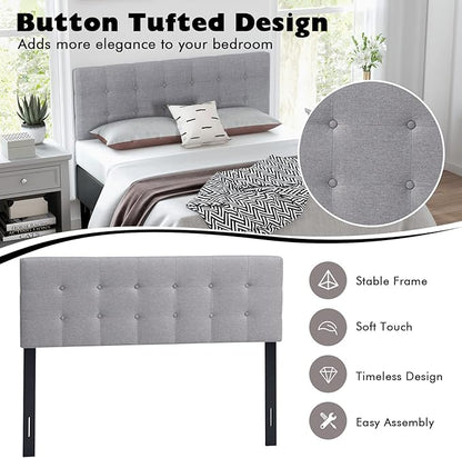 Giantex Linen Upholstered Headboard, Adjustable Width Button Tufted Headboard Only with Solid Wood Legs, Attach Frame, Rectangular Headboard for Queen Full Size Bed, Gray