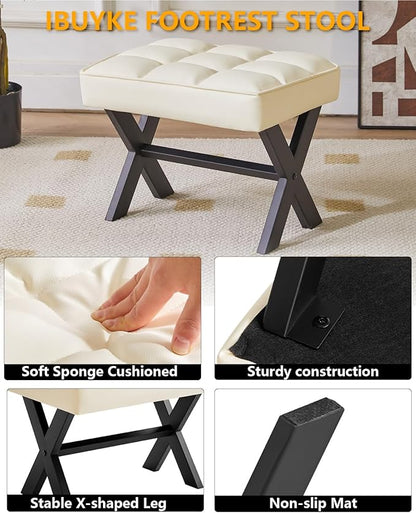 IBUYKE Small 12" H Footrest Stool, Square PU Foot Stool with Metal X-Leg, Multi-Use as Small Side Table, Step Stool for Living Room, Bedroom, Entryway, Office, White WBD012W