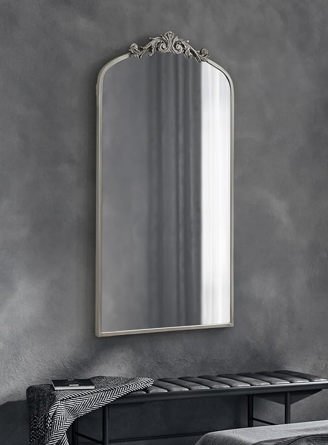 Kate and Laurel Arendahl Glam Arched Tall Panel Mirror; 24 x 42; Silver; Traditional Baroque Large Body Wall Mirror with Ornate Garland Inspired Crown