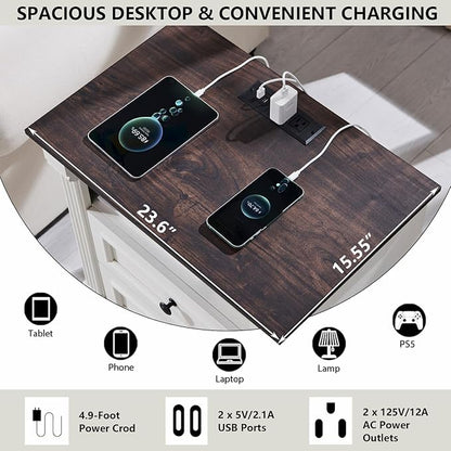 26" Tall Nightstand with Charging Station, Farmhouse 23.6" Wide Large End Table w/Roman Column, Wood Rustic Side Table w/Metal Handle, 3 Drawers Dresser for Bedroom, Living Room, White