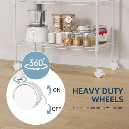 Whitmor 3 Tier Rolling Kitchen Cart,27.6"x10"x21.7”Heavy Duty Metal Storage Cart with Wheels, Adjustable Shelves, Lockable Utility Cart with Wood Top & Portable Handle for Indoor & Outdoor Use, White
