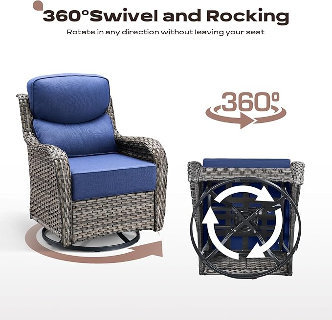 Rilyson Outdoor Patio Swivel Rocker Chairs Set of 2, Waterproof Wicker, High Back, Deep Seating, Wide Armrest, Upgraded 6 inch Thick Cushions, Side Table, Ideal for Deck Porch Yard, Mixed Grey-Blue