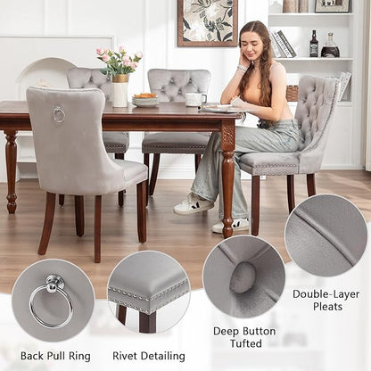 Velvet Dining Chairs Set of 6, Tufted Dining Room Chairs with Nailhead Ring Pull Trim, Upholstered Dining Chairs with Solid Wood Legs for Kitchen Dining Room (Light Grey)