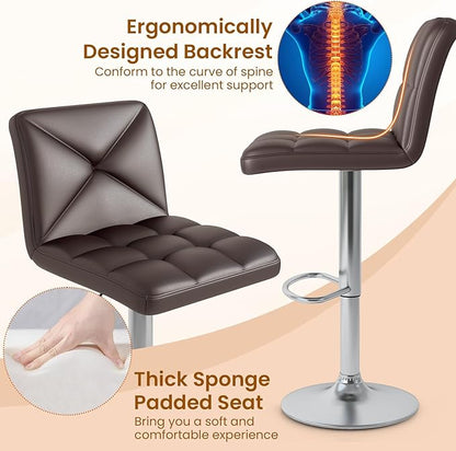 COSTWAY Bar Stools Set of 2, Modern PU Leather Swivel Bar Chairs, Height Adjustable Upholstered Barstools with Premium Gas Rod, Sturdy Footrest, Round Base, for Kitchen, Dining Room, Office,Brown