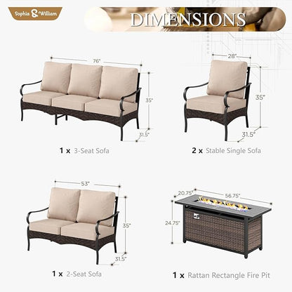 Sophia & William Patio Furniture Set with Fire Pit Table, 5 PCS Metal Outdoor Conversation Set with Fire Pit Table, 2 Sofa Chairs,1 Loveseat, 3-Seater Couch for Outdoor Seating, Backyard, Porch(Beige)