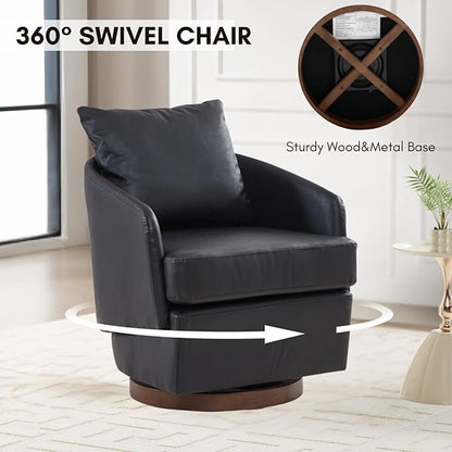 CIMOTA PU Leather Swivel Accent Chairs Set of 2, Modern Barrel Armchairs with 360° Swivel Base and Pillow, Upholstered Club Chairs for Living Room/Reading/Office, Black