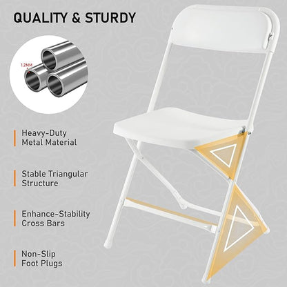 SEALAMB 6 Pack White Plastic Folding Chairs for Indoor Outdoor, Portable Commercial Seat with Steel Frame for Home Office Wedding Party Events, 350lb Capacity (White-Plastic, 6 Pack)