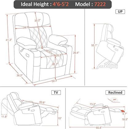 MCombo Small Size Triple Motor Power Lift Recliner Chair Sofa with Massage and Dual Heating, Adjustable Headrest for Elderly People Petite, USB Ports, Extended Footrest, Fabric 7222 (Dark Grey)