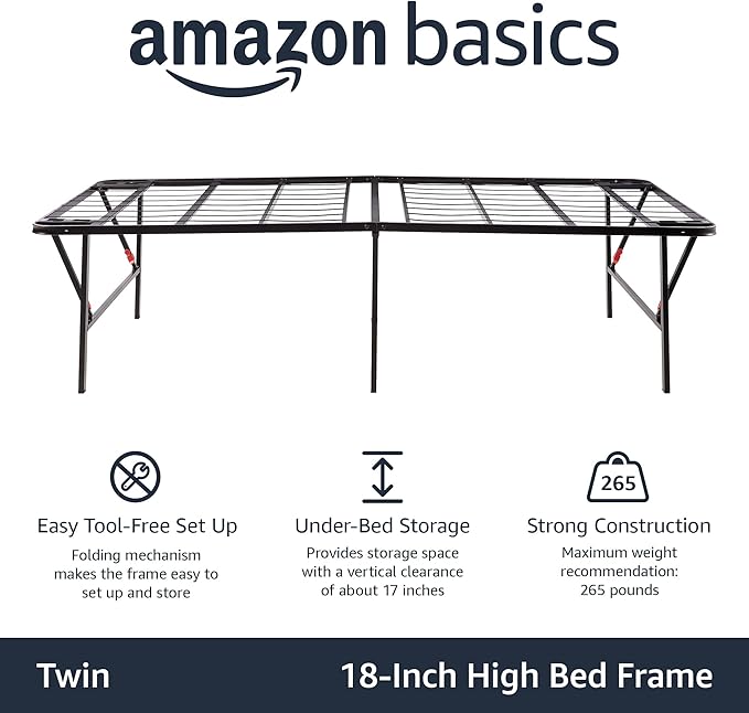 Amazon Basics Foldable Metal Platform Bed Frame with Tool Free Setup, 18 Inches High, Sturdy Steel Frame, No Box Spring Needed, Twin, Black