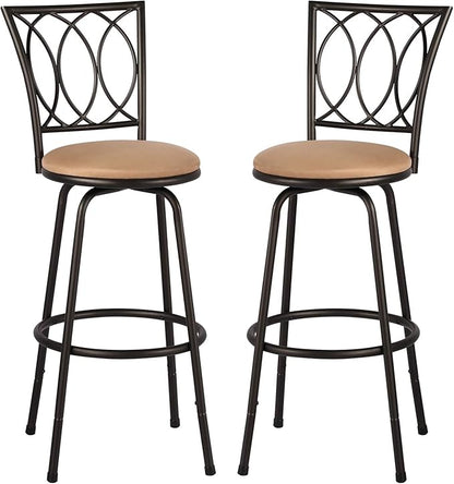 VECELO Adjustable Height Barstools 360 Degree Swivel Sturdy Steel Bistro Pub Chair/Comfortable Round Seat Cushions-Set of 2, Style B, Retro Brown