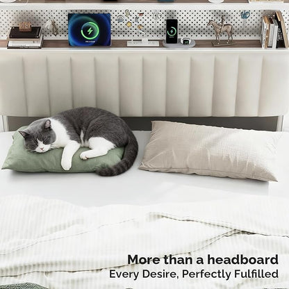 VINGLI King Size Headboard Only, Adjustable Upholstered Headboard with 2 Tier Shelves and Pegboard with Charging Stations and LED Lights, Modern Bed Headboard with Storage for Bedroom Decor