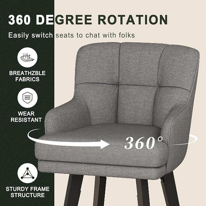 360°Swivel Counter Height Bar Stools with Back, 26 inch Solid Wood Legs, Bar Stool Modern Kitchen Island Chairs, Fabric (Mid-Grey- Fabric, 26" H- Set of 3)