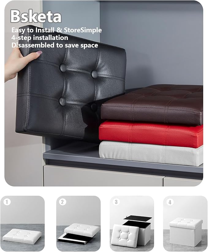 Folding Storage Ottoman, Foot Stool with Thicker Foam Padded Seat Small Leather Storage Ottoman Bench Foot Rest for Living Room Foldable Coffee Table 17x13x13in,White