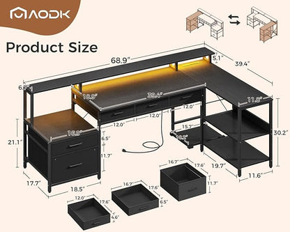 AODK L Shaped Desk with 5 File Drawers, 66" Reversible L Shaped Computer Desk with Power Outlet & LED Strip, Office Desk with Storage Shelves, Gaming Desk with Monitor Shelf, Corner Desk, Black
