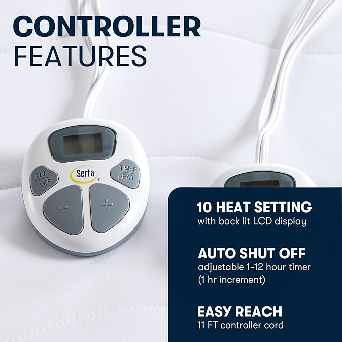 Serta Heated Mattress Pad Cal King Size - Electric Mattress Pad, 10 Heat Setting Controller, Auto Shut Off Timer, Deep Elastic Pocket, Up to 17" Mattress, ETL Certified, Machine Wash, Cal King, White