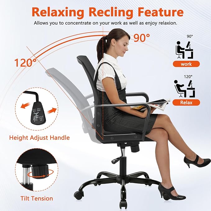 CLATINA Ergonomic Desk Chair, Mid Back Mesh Computer Chair with Lumbar Support and Armrest, Height Adjustable Swivel Chair for Home Office, Black (8PK)