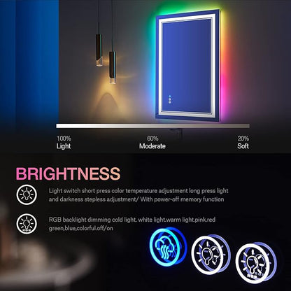 LED Bathroom Mirror, 20x28 inch, Wall Mount, Anti-Fog, RGB Backlit, Front-lit