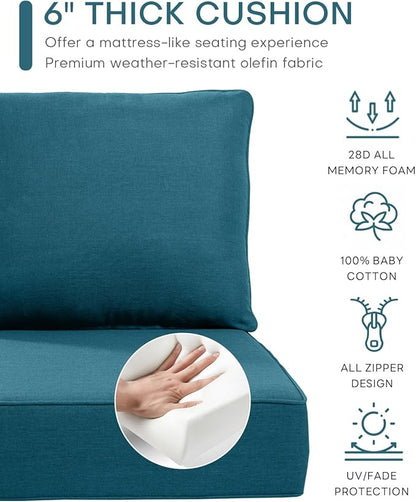 Luxury 24x24x6 Inch Outdoor Chair Cushions Set of 4 - Heavy Duty Water-Resistant Comfortable Cushion for Patio Furniture Set Dining Rocking Chairs Loveseat L-Shape Sofa - Peacock Blue