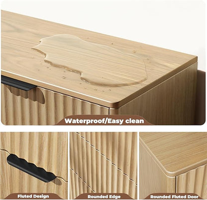 Modern 6 Drawer Dresser, Natural Oak, Fluted Wave Design, Rounded Corners, Mid Century Dresser TV Stand, 48" Wide Chest of Drawers for Bedroom and Living Room