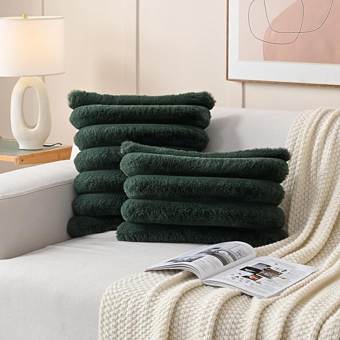 FUTEI Christmas Dark Green Decorative Throw Pillow Covers 16x16 Inch Set of 2, Square Soft Faux Rabbit Fur Thick Striped Cushion Cover,Winter Home Decor for Couch Bed Living Room