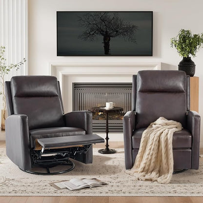 COLAMY Recliner Chair Set of 2, PU Leather 360° Swivel Rocker Recliner, Nursery Glider Recliner with Ergonomic High Backrest and Upholstered Deep Seat for Living Room, Bedroom, Color Chocolate