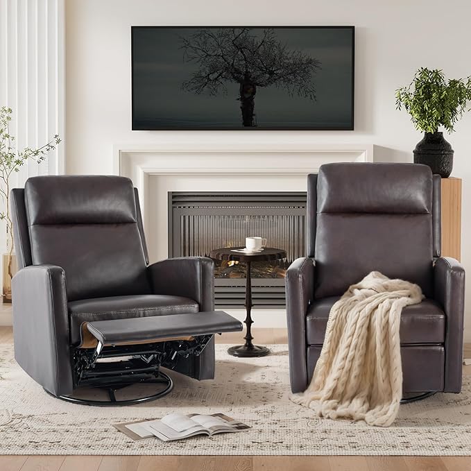 COLAMY Swivel Rocking Recliner,Wide PU Leather Glider Sofa Chair with Ergonomic High Backrest for Living Room,Bedroom（Chocolate Brown ）