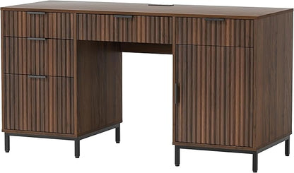55" Fluted Executive Desk, Modern Home Office Desk with Charging Station, Keyboard Tray, File Drawer, Storage Cabinet, Wood Computer Writing Desk for Work Study Writing, Browm