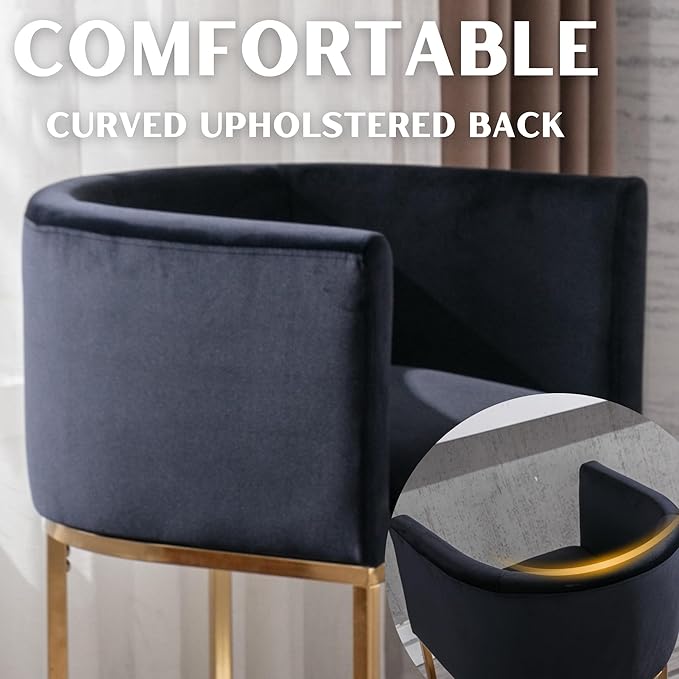 Contemporary Black Velvet Bar Stool, 24" Upholstered Fabric Counter Height Barstool Kitchen Counter Island Stool with Screwed Together Golden Metal Base