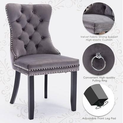 Velvet Upholstered Dining Chairs Set of 2, Modern Style Kitchen Side Chairs with Nailhead Trim and Wood Legs,Metal Pulling Ring for Dining Room Living Room(Grey,Set of 2)