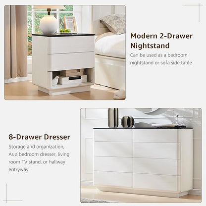 ACCOHOHO Modern Bedroom Set, 3 Pieces Bedroom Furniture Set, Wood 8 Drawer Dresser and Nightstands Set of 2, Chest of Drawers Wide Storage Organizer Cabinet for Bedroom, White