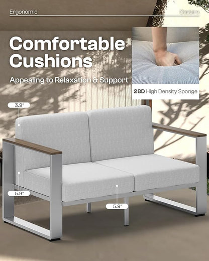 Aluminum Outdoor Furniture Set, 4 Seats Outdoor Patio Conversation Sets with Ergonomic Seat and Wide Washable Thick Cushions, Modern Patio Sectional Furniture for Balcony, Porch (Gray)