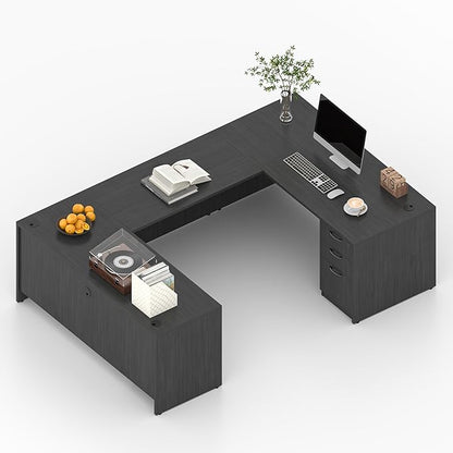 100.4" U-Shaped Executive Computer Desk with Lockable File Cabinets, Large Home Office or Business Workstation with Drawers, Cable Management (Gray)