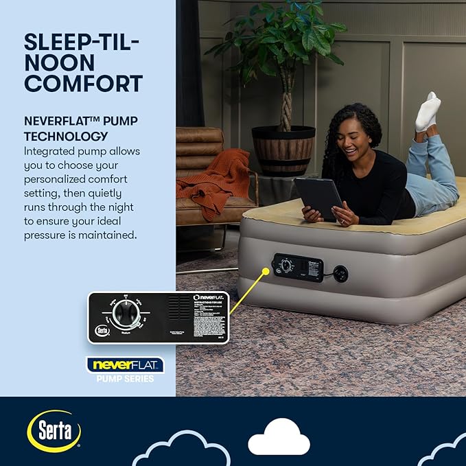 Serta Raised Air Mattress with Never Flat Pump | Luxury Inflatable Mattress with Built in Air Pump to Ensure a Good Night’s Rest | Heavy Duty Blow Up Mattress with Self Inflating Pump