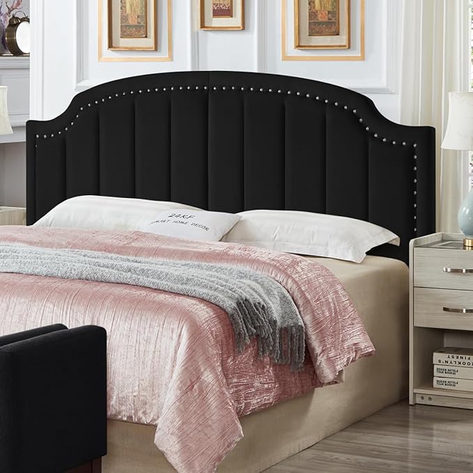 24KF Velvet Fabric Upholstered King/California King Headboard with Nail Trims, Modern Vertical Channel Design with Curved King Headboard, 6052-K-Black