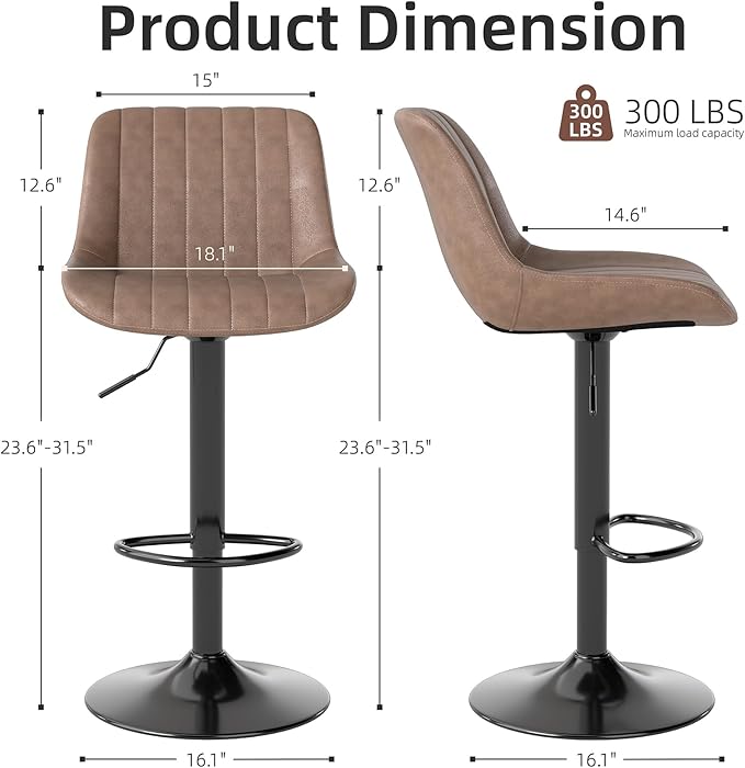 Youhauchair Bar Stools Set of 4, Swivel Counter Height Barstools with Back, Adjustable PU Leather Bar Chairs, Modern Armless Kitchen Island Stool, Light Brown