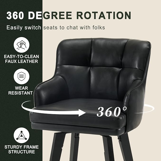 360°Swivel Counter Height Bar Stools with Back, 26 inch Solid Wood Legs, Bar Stool Modern Kitchen Island Chairs, Faux Leather (Black- Faux Leather, 26" H- Set of 2)