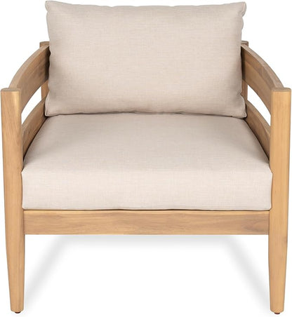Christopher Knight Home Annie Acacia Wood Outdoor Chairs Set of 2, Patio Lounge Chair Outdoor with Slatted Back, Accent Chair with Cushions, Stylish Armchair for Balcony/Garden, Beige + Light Teak