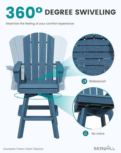 SERWALL 10-Piece Swivel Adirondack Bar Set, HDPE Swivel Bar Height Chairs Set of 8 with 2 Bar Tables, All-Weather Outdoor Barstools for Patio, Poolside, Garden, Blue