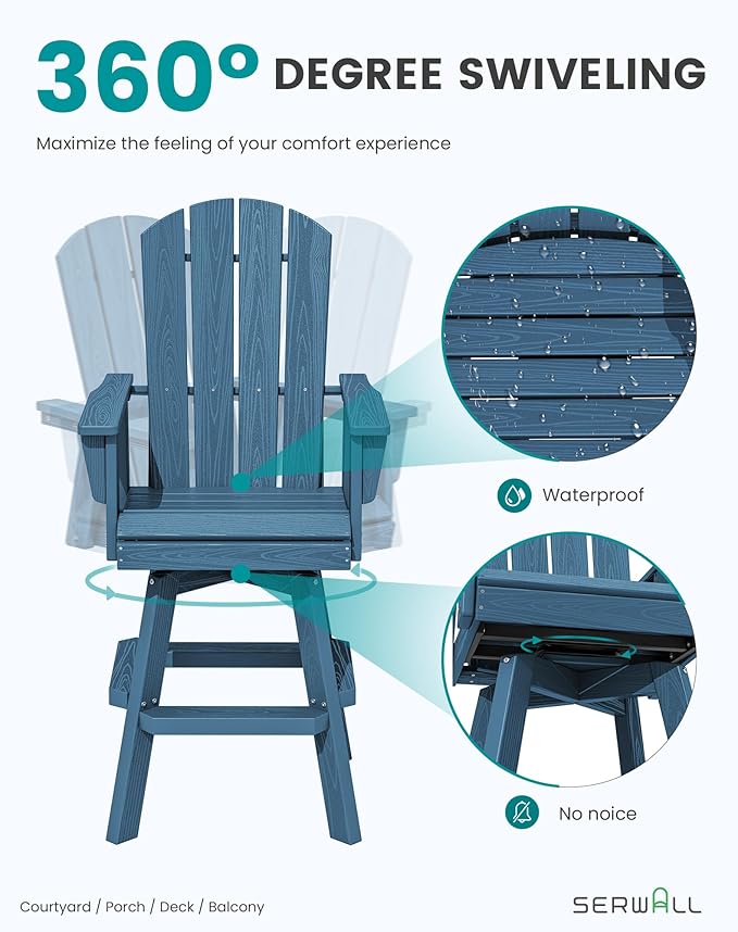 SERWALL 5-Piece Swivel Adirondack Bar Set, HDPE Swivel Bar Height Chairs Set of 4 with Bar Table, All-Weather Outdoor Barstools for Patio, Poolside, Garden, Blue
