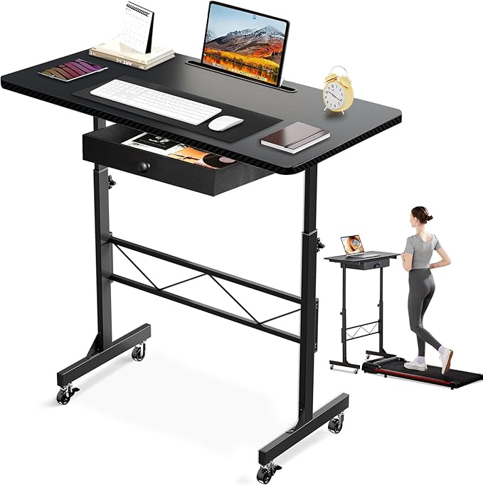 COMHOMA Small Standing Desk Adjustable Height Small Computer Desk Mobile Portable Rolling Laptop Table with Wheels 32" Computer Workstation Sit Stand Desks Portable Standing Table Treadmill desks