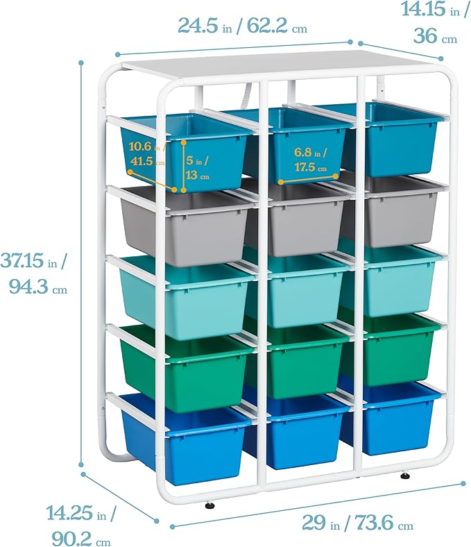 ECR4Kids 5-Tier Storage Rack with 15 Cubby Bins 5x3, Multipurpose Organization, Contemporary