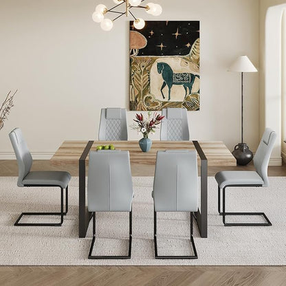 Dining Table Set for 6，Dinner Table Set for 6，71'' Kitchen Table and PU Leather Chairs Set of 6，6 Chair Dining Table Set for Kitchen Dining Room