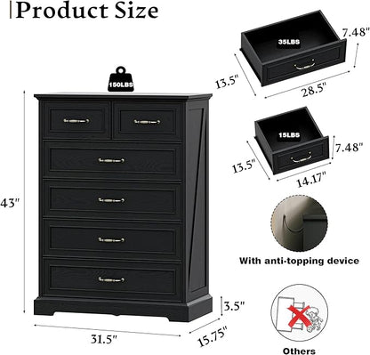 Farmhouse 6 Drawers Dresser for Bedroom, 43" Tall Wood Chest of Drawers with Deep Drawers & Bar Handles, Modern Dresser TV Stand, Rustic Wooden Closet Storage Organizer for Living Room, Hallway, Black