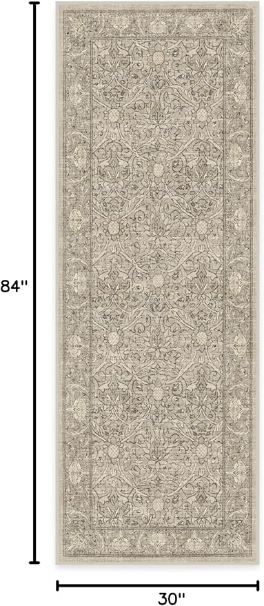 RUGGABLE x Morris & Co Machine Washable Runner Rug – Montreal Natural Stone 2.5x7, Stain-Resistant, Non-Slip – Washable Rug for Hallway, Entryway, Living Room & Kitchen–with Cushioned Pad