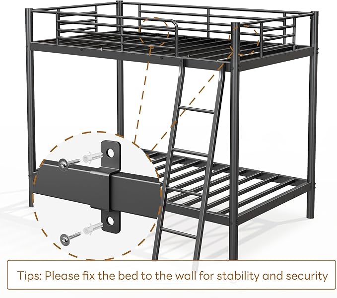 Bunk Bed Twin Over Twin, Heavy Duty Metal Bunk Bed Frame with Angled Ladder for Teens and Adults, for Spaces-Saving, Smooth Rounded Edges, Noise Free & Easy Assembly, Black